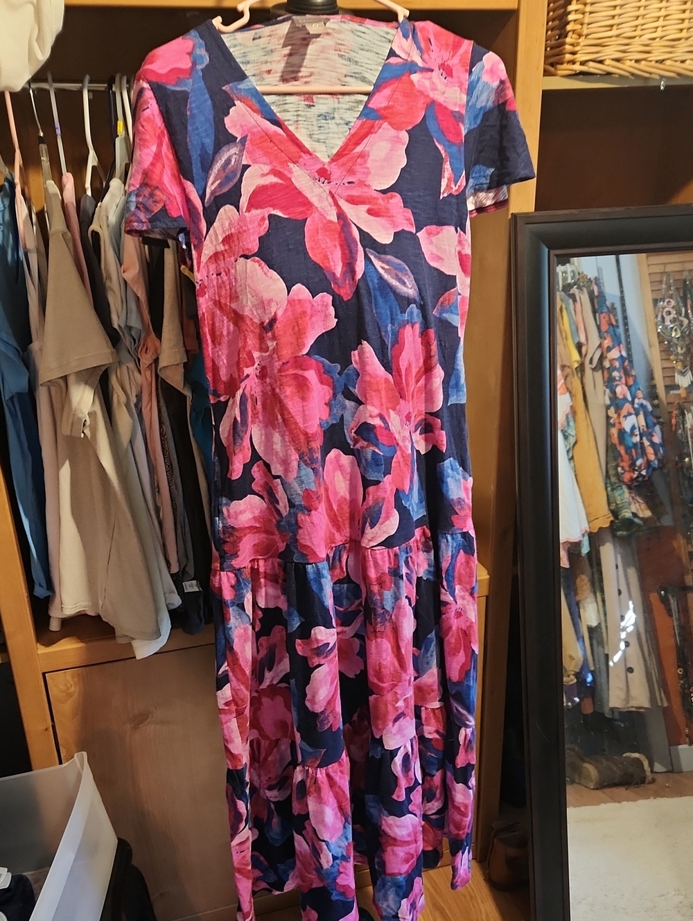 Chico's Navy Maxi Dress with Bold Pink Floral Print